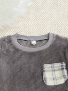 2 件男童柔软法兰绒格子西装，休闲宽松长袖上衣和裤子，舒适家居服，秋冬