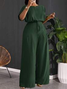 Slaydiva Nuevo llegado de primavera/verano, elegante y apropiado para ir a la oficina, fiestas, clubes y actividades al aire libre. Conjunto de 2 piezas para mujer talla grande con top corto holgado de hombros caídos y cordón ajustable, y pantalones de pierna ancha con bolsillos, en color verde. - Verde militar - Ver 2