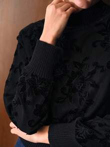 MOTF PREMIUM Femmes Couleur Unie Velours Dentelle Col Rond Manches Longues Tricot Pull, Automne/Hiver - Noir - Voir 3