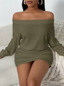 SHEIN SXY Women's Solid Color Off-Shoulder Dropped Shoulder Long Sleeve Ruched Fitted Mini Dress Ribbed Dress Off The Shoulder Long Sleeve Off Shoulder Dress Comfortable Dress Olive Dress Comfortable Two Piece Set One Piece Dress