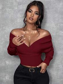 SHEIN SXY Women's Solid Color Off-Shoulder Long Sleeve Fitted Fashionable Sweater, Autumn/Winter Off The Shoulder Long Sleeve Bodysuits For Women Long Sleeve Cleavage Top Tops For Women Sexy,Christmas Sweater Women,Red Top,Christmas Sweater