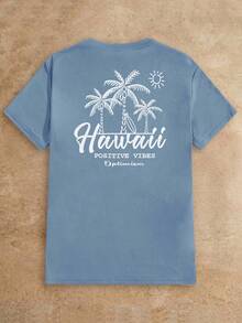 HIMLAND Men Cotton Letter & Tropical Graphic Tee, Summer - Dusty Blue - View 1