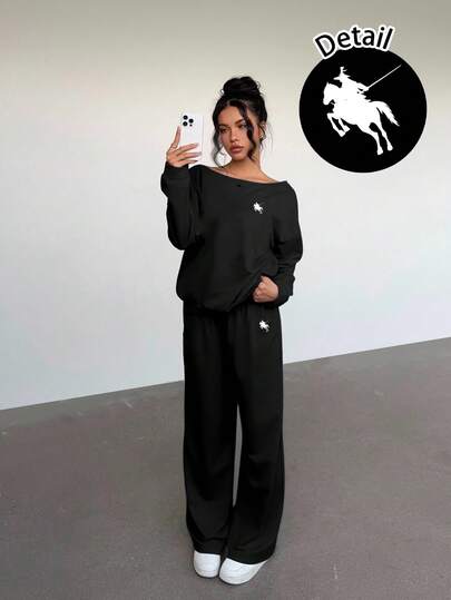 Aloruh 2pcs Women Casual, Sporty, Preppy Style Sweatshirt Set With Small Horse Logo Print, Suitable For Back To School Season, Autumn/Winter,Fall,Fall Clothes For Women