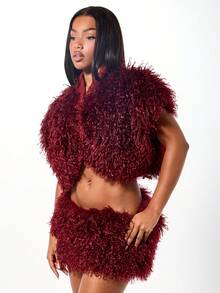 SUMWON WOMEN Áo khoác ngoài không tay lông thú giả sang trọng cỡ lớn dành cho nữ mùa đông màu đỏ tía - Đỏ - Xem 1