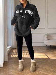 SHEIN EZwear Damen Lässig Woll-gefütterter Hoodie mit Reißverschluss und Buchstaben-Muster sowie Hose Set, Grau, Herbst/Winter Hoodie und Jogginghose Set, Homewear & Workwear Y2K dickes Fleece 2-teiliges Outfit, Damen New York Bekleidung, Damen bequeme Kleidung