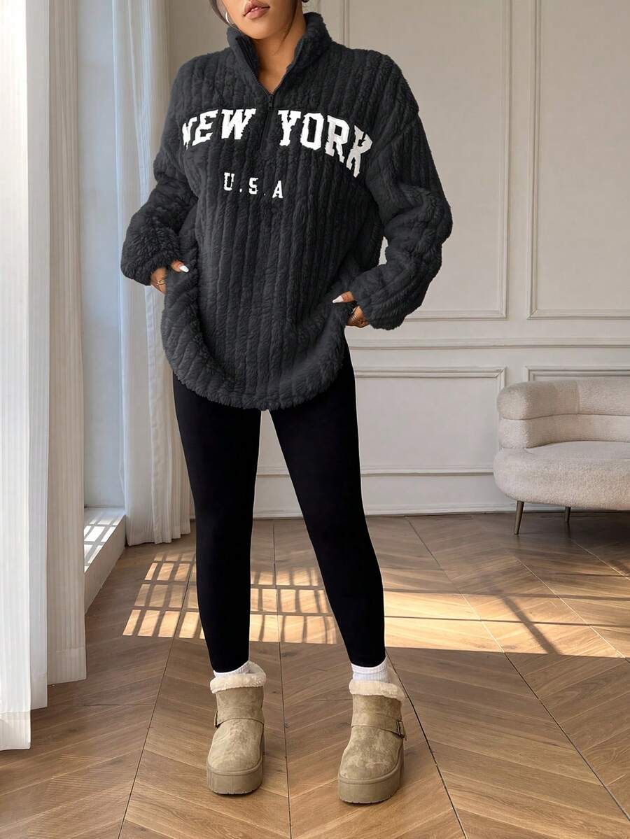 SHEIN EZwear Damen Lässig Woll-gefütterter Hoodie mit Reißverschluss und Buchstaben-Muster sowie Hose Set, Grau, Herbst/Winter Hoodie und Jogginghose Set, Homewear & Workwear Y2K dickes Fleece 2-teiliges Outfit, Damen New York Bekleidung, Damen bequeme Kleidung