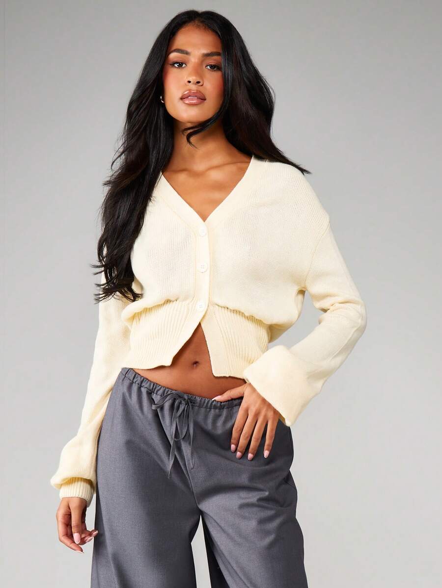 MISSGUIDED Cardigan scurt cu nasturi în față, talie striată și decolteu în V pentru purtare în straturi - Caisă - Vizualizare 1