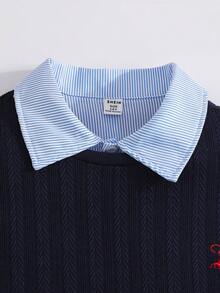 SHEIN 1 st tonårspojke gentleman-stil enfärgad marinblå rund halsad tröja för casual, mångsidig och snygg för affärer, skola, födelsedagsfest, vardagskläder, elegant och minimalistisk design - Marinblå - Visa 6