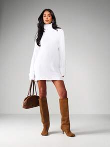 MISSGUIDED Cozy Turtleneck Sweater Dress Long Sleeve Knit Mini Winter Fall Casual Pullover - White - View 4