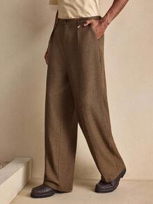 Business Casual AKNOTIC 男士人字纹印花褶裥口袋休闲裤，圣诞派对宴会商务休闲裤，男友节日礼物 - 棕色 - 查看 2