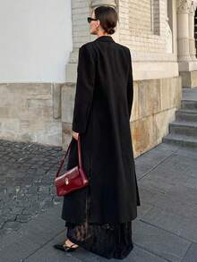 Lavishia Long Lapel Button Pocket Black Woolen Coat Fall Winter New Year Christmas Elegant - Black - View 2