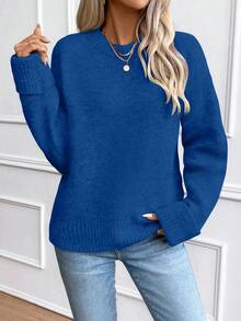 SHEIN LUNE Suéter holgado de cuello redondo con hombros caídos y puños acanalados para mujer - azul real - Ver 4