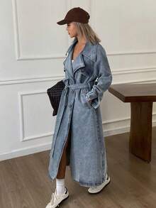 DAZY 女士时尚水洗双排扣牛仔夹克、秋装、返校服 - 淺色水洗藍 - 查看 8