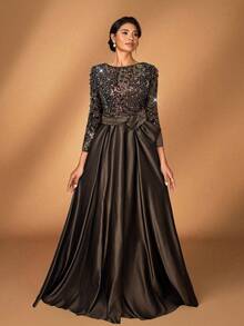 Serin 优雅奢华的薄纱长袖刺绣蕾丝花朵泡泡珍珠蝴蝶结喇叭连衣裙，适合婚礼、派对、度假、盛大晚宴、晚间活动、新娘母亲礼服、情人节等场合。 - 咖啡棕 - 查看 7