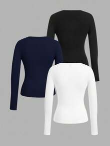 SHEIN EZwear 3 件套女士深 V 领修身休闲长袖 T 恤套装，适合春秋季 - 彩色 - 查看 2