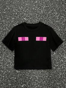 Glimmora Y2K Style Cropped Purple Eye & Color Block Pixel Print Sexy Club Punk Street Casual Black Crop Top For Summer, Minimalist Aesthetic
