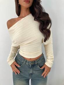 Aloruh 杏色粗针织不对称肩长袖上衣 - 杏色 - 查看 8