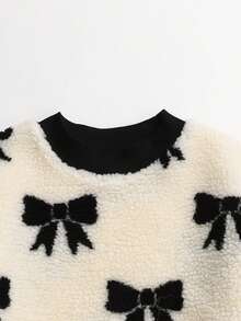 SHEIN Bộ áo nỉ cổ tròn in nơ dễ thương cho bé gái tuổi mới lớn kèm quần legging dài bằng PU co giãn, phong cách thể thao, thích hợp mặc thường ngày và đi học vào mùa thu/đông - Màu be - Xem 6