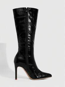 CUCCOO SZL Elegant Sexy Crocodile Pattern Black Knee-High Boots, Pointed Toe Slim Heel Stylish Women's Boots, Fashionable Versatile New Long Boots, Showcasing Feminine Charm And Elegant