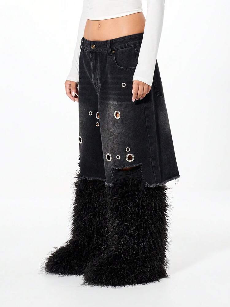 SUMWON WOMEN Distressed Denim Shorts With Faux Fur Trim