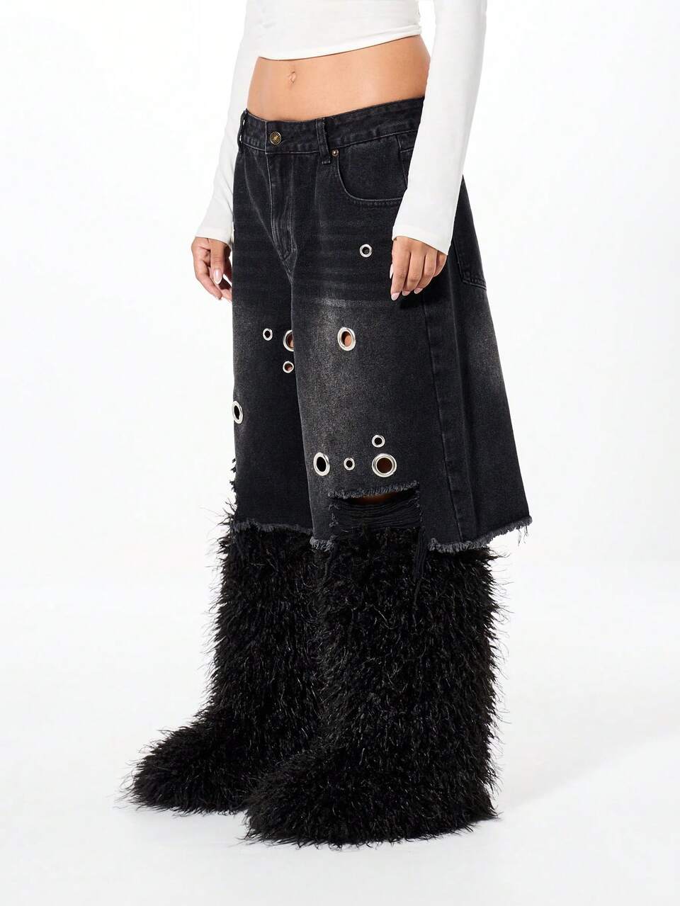 SUMWON Distressed Denim Shorts With Faux Fur Trim Eyelet Details High Fashion Statement Piece