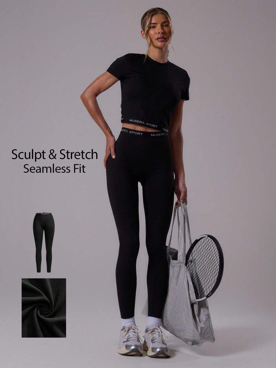 Musera Sport Letter Graphic Seamless Sculpt Fitted Sports Leggings Active Gym Workout Summer Padel Club Gym Fitness - Black - View 1