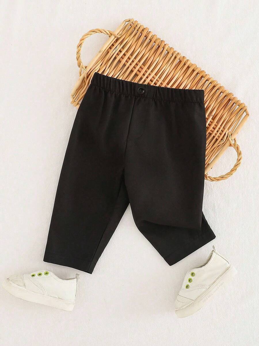 SHEIN Playful Pals Unisex Baby Black Pants, Versatile And Suitable For All Occasions, Can Be Worn In Any Season, With Decorative Buttons In The Front Center For Added Design