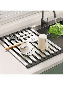 SHEIN Basic living 1PC Stainless Steel Expandable Dish Drying Rack - Foldable Kitchen Sink Organizer, Space-Saving Drainer Basket For Countertop/Dishwasher, Rust-Proof & Electric-Free Drying Solution (Modern Matte Finish)