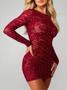 MISSGUIDED Burgundy Lace Mini Dress With Diamante Long Sleeve Bodycon Party Evening Formal - Red - View 1