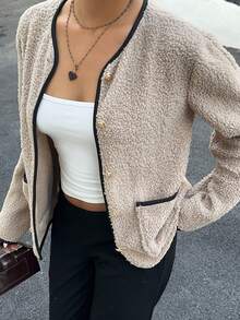 Siren Gaze 女士撞色滚边仿毛皮前开襟长袖外套，秋冬轻薄纽扣外套，休闲杏色绒面外套，黑色滚边，女士休闲款 - 卡其色 - 查看 6