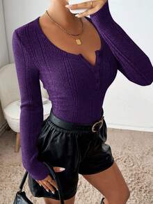 Siren Gaze 女士休闲针织百搭基本款圆领半扣罗纹针织长袖T恤修身T恤返校T恤教师T恤教师服秋季女上衣秋季女装 - 紫色 - 查看 4