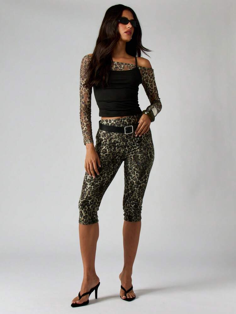 MISSGUIDED Leggings Capri com Estampa de Leopardo e Renda