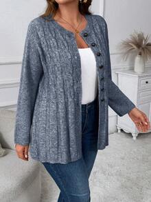 Plus Size Casual Versatile Commuter Cardigan, Autumn Winter - Blue and White - View 5