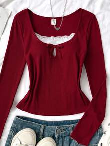 少女红色撞色蕾丝领修身针织长袖休闲百搭街头T恤 - 紅白色 - 查看 1