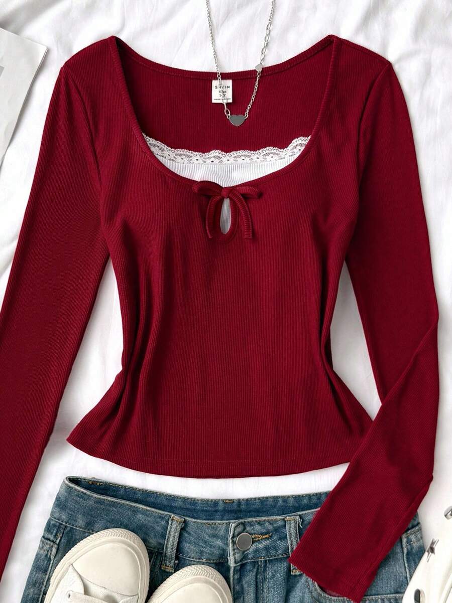 少女红色撞色蕾丝领修身针织长袖休闲百搭街头T恤 - 紅白色 - 查看 1