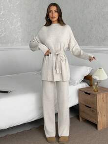 EURMUSE Zweiteiler mit weicher Struktur – Mokkafarbenes Strickoberteil mit Taillenband und Hose mit lässiger Passform - Schwarz - Übersicht 5