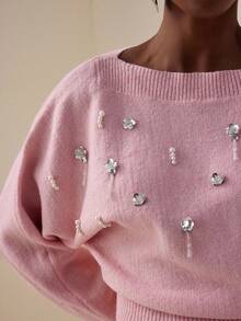 Vesra Loose Design 3D Floral Rhinestone & Pearl Embellished Versatile Women Sweater - Pink - View 6