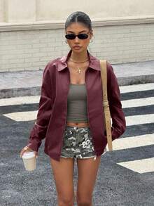 SHEIN EZwear Drop Shoulder Zip Up PU Cropped Leather Jacket In Fall/Winter