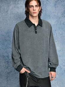 ROMWE MEN Casual 男士落肩长袖半扣撞色宽松舒适套头卫衣 - 深灰色 - 查看 1