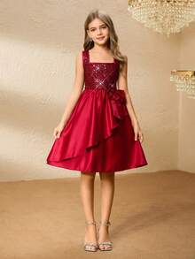 Tween Girl' Spaghetti Strap Dress With Bow, Ruffle Hem & Sequin Patchwork, Elegant & For Halloween, Christmas, Party - Red - View 3