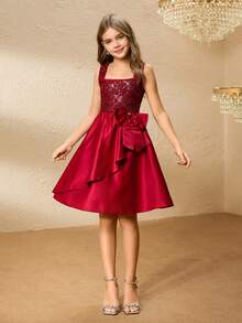 Tween Girl' Spaghetti Strap Dress With Bow, Ruffle Hem & Sequin Patchwork, Elegant & For Halloween, Christmas, Party - Red - View 5