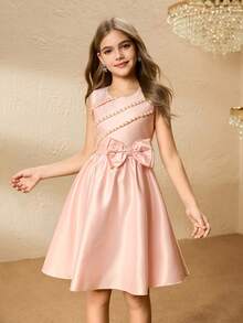 Tween Girl' Round Neck Sleeveless Dress With Multi-Layer Beaded Waist Bow Decor, Elegant & For Halloween, Christmas, Party