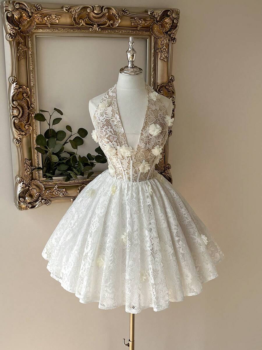 Lovelzi 优雅、奢华、高贵、宫廷风白色 3D 花卉蕾丝、鱼骨纹、深 V 领、露背、3D 花卉装饰、伞形下摆连衣裙，适合单身派对、婚礼、毕业典礼、度假、新娘送礼会