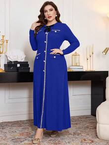 Modelyn Plus Size Ribbed Bowknot Decor A-Line Long Sleeve Casual Dress Suitable For Spring And Autumn Maxi Women Outfit Long Evening Dresses - Blue - View 6