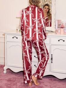 甜美条纹蝴蝶结上衣和裤子女士睡衣套装，冬季服装 - 彩色 - 查看 2