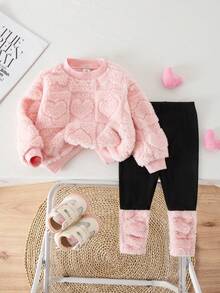 SHEIN Babygirl 可爱粉色心形毛绒运动衫和松紧腰裤套装，秋冬