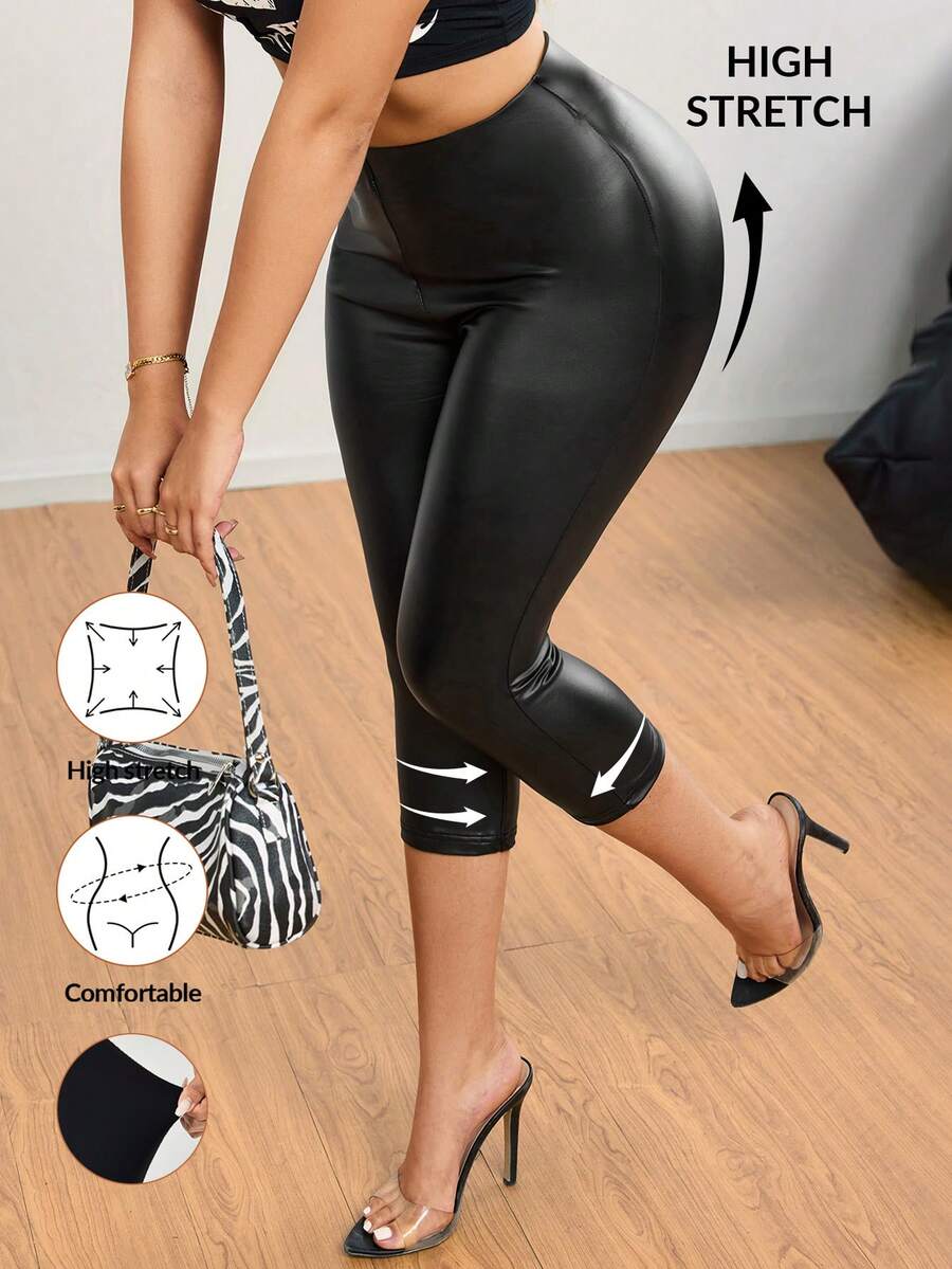 SHEIN SXY 女式纯色 PU 皮革紧身裤 - 黑色 - 查看 1