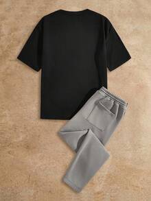 Manfinity NXTstreet 男士针织短袖T恤和裤子套装 夏季服装，舒适情侣装 - 灰色 - 查看 2