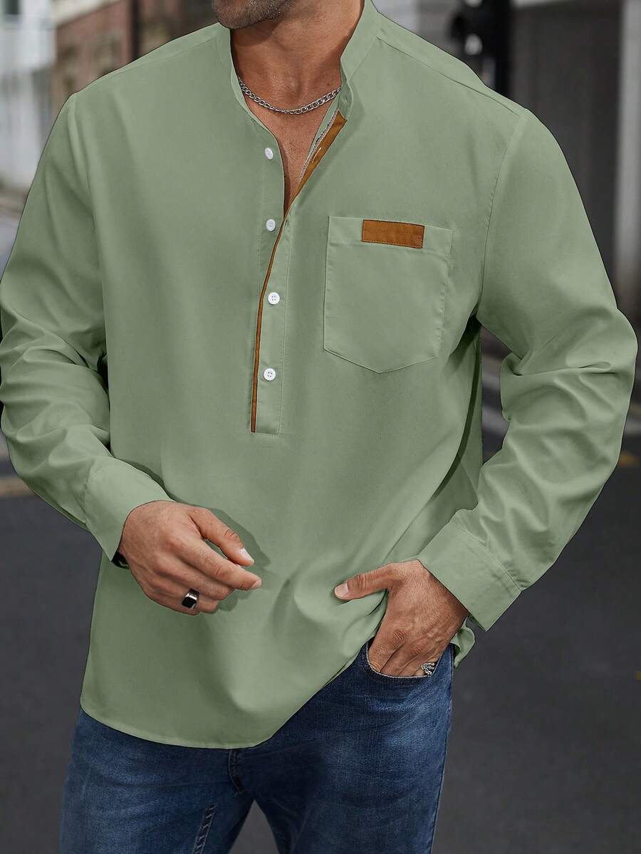 Manfinity Homme Áo sơ mi nam cỡ lớn kiểu dáng thường ngày phối màu, tay dài, thích hợp cho mùa thu. - Màu xanh Bạc hà - Xem 1