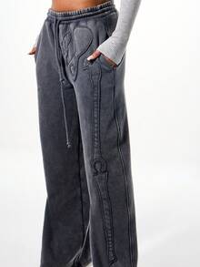 SUMWON WOMEN Oversized Skeleton Applique Wide Leg Joggers With Raw Edge Washed Cotton Blend Drawstring Sweatpants For Casual Fall Winter Loungewear - Dark Grey - View 4